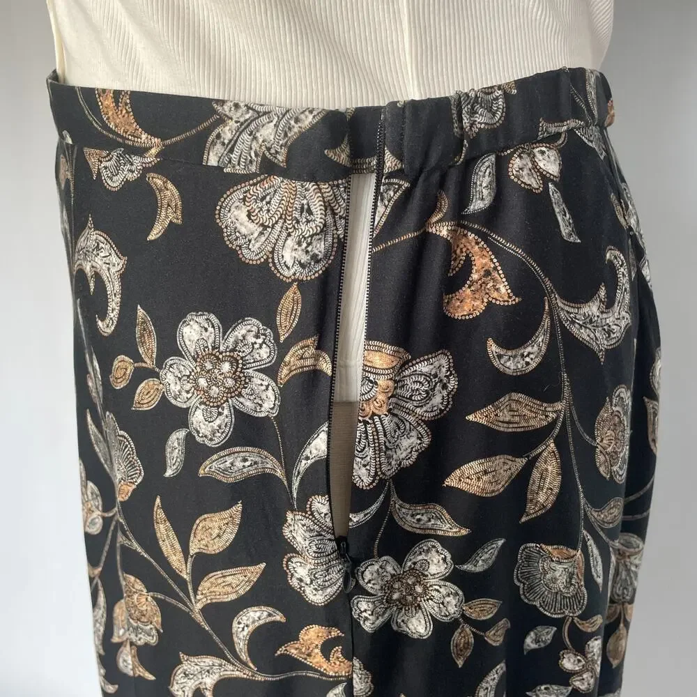 J Jill A Line Skirt Size Large Black Tan Floral Minimal Long Midi Boho Spring